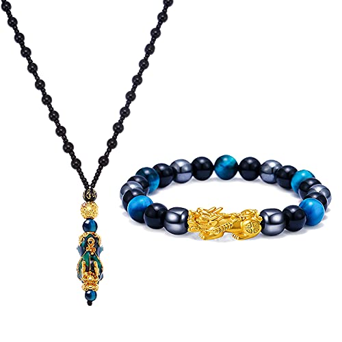 Feng Shui Good Luck Bracelet Necklace Set - Triple Protection Hematite Beads Pixiu Dragon Jewelry