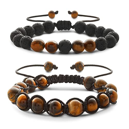 2 Pcs Tiger Eye Crystal Bracelet & Lava Rock Stone Bracelet for Men & Women