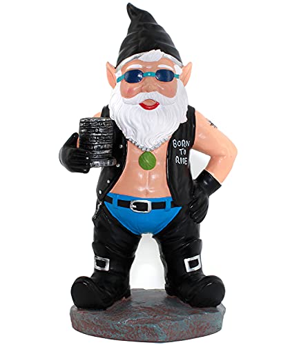 Biker Gnome with Motorcycle Leather Gear Tattoos Garden Gnome Statue