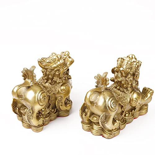 Set of 2 Feng Shui pixiu/pi yao Statue Figurine Attract Good Luck Wealth Decoration Sculpture Golden