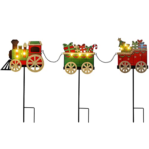 Christmas Metal Lighted Train Garden Stake Decoration