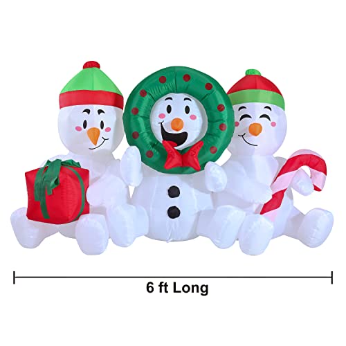 6 FT Long Inflatable Three Sitting Snowman Christmas Decoration w/ Build-in LEDs