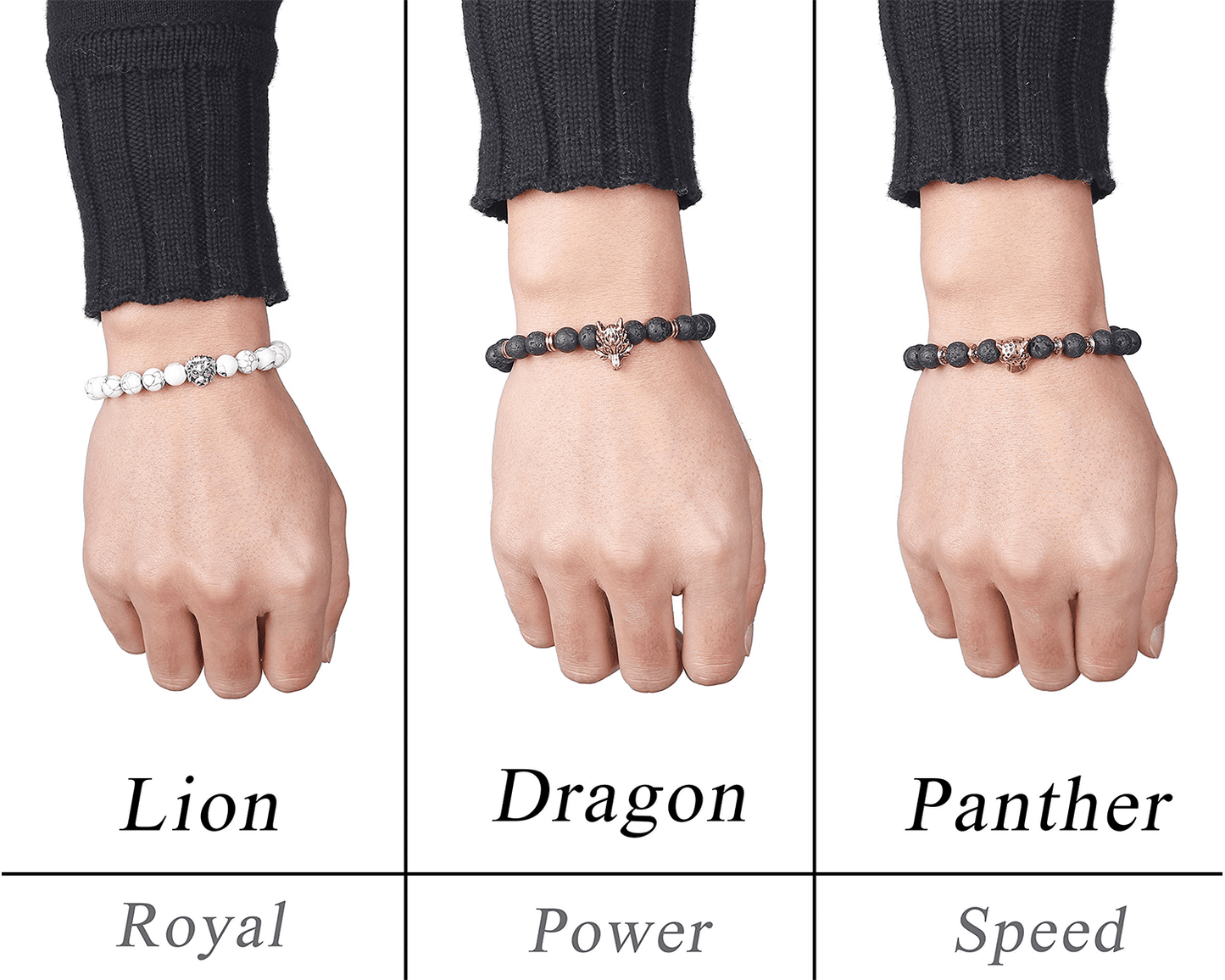 6PCS Mens Bead Bracelets Set Dragon/Lion/Panther Charm Natural Stone Bracelet, 8MM