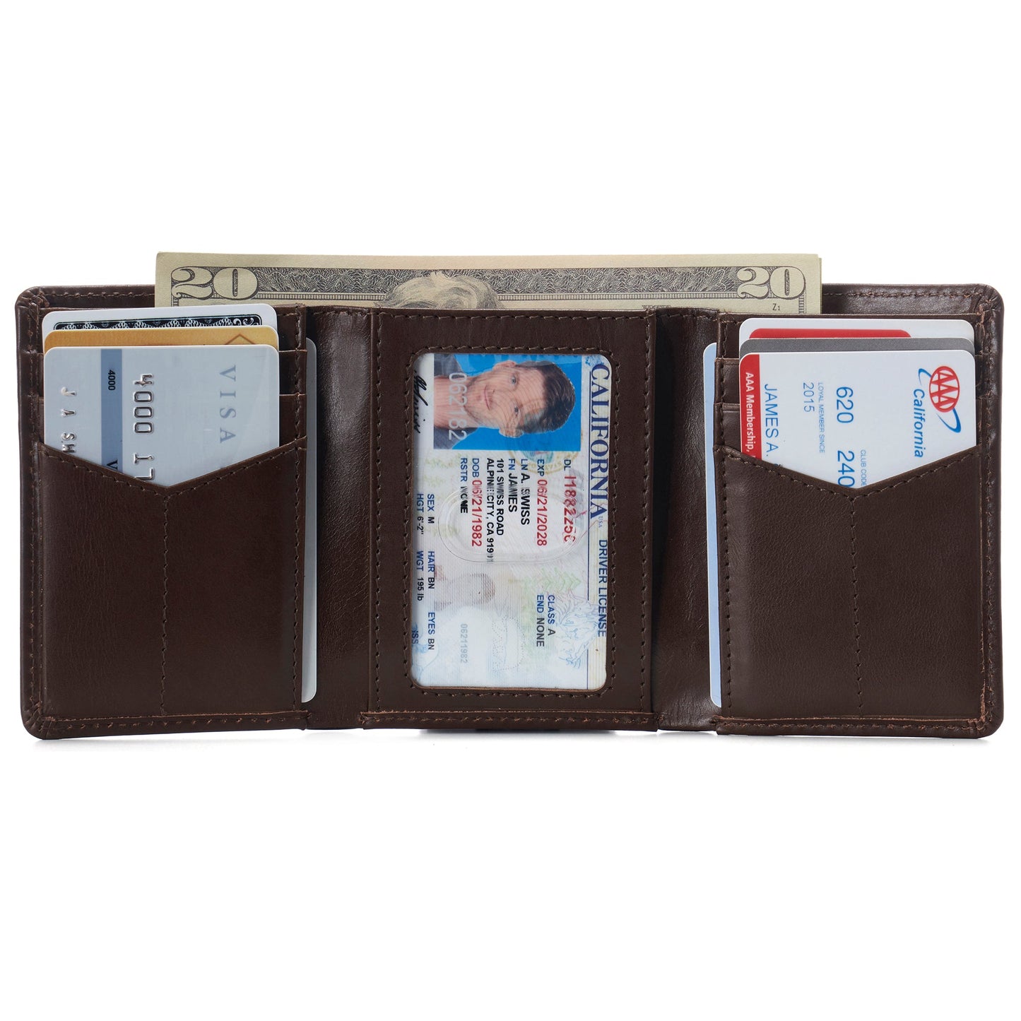 Mens RFID Protected Trifold Genuine Leather Wallet ID Window