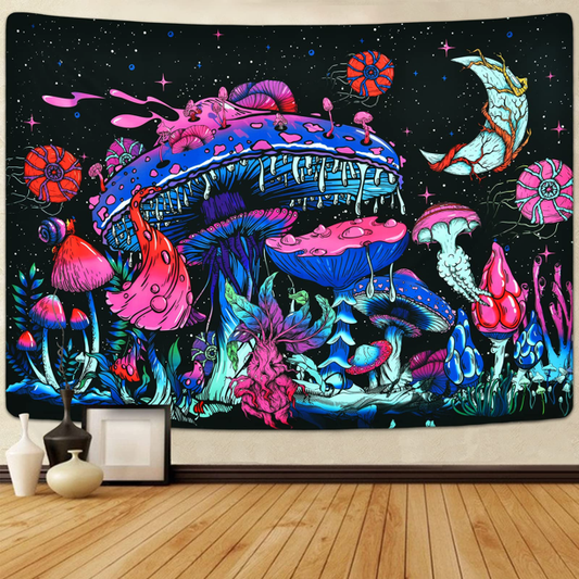 Psychedelic Mushroom Moon Star Multicolor Botanical Trippy Tapestry 59.1"x51.2"