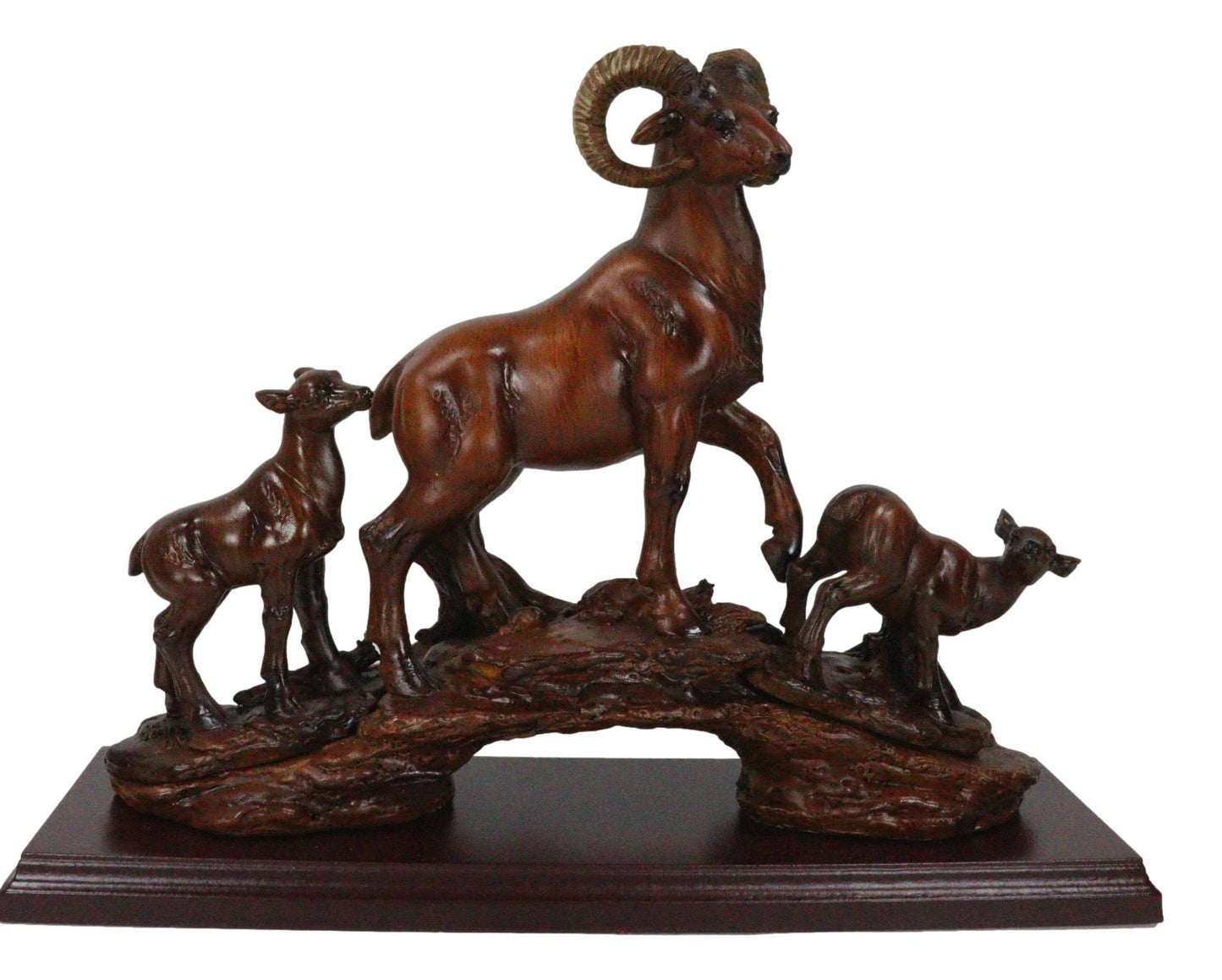 Rustic Country Bighorn Sheep Ram w/ Lambs On Rock Sculpture