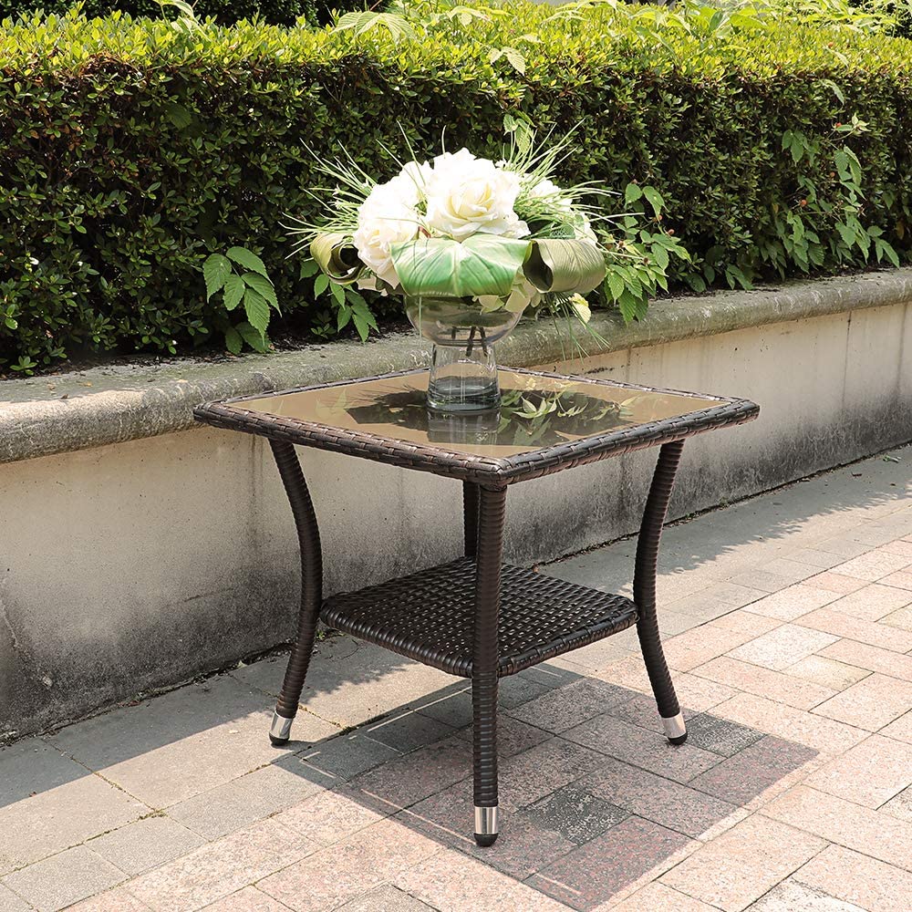 Square Glass Top Outdoor End Table Rattan