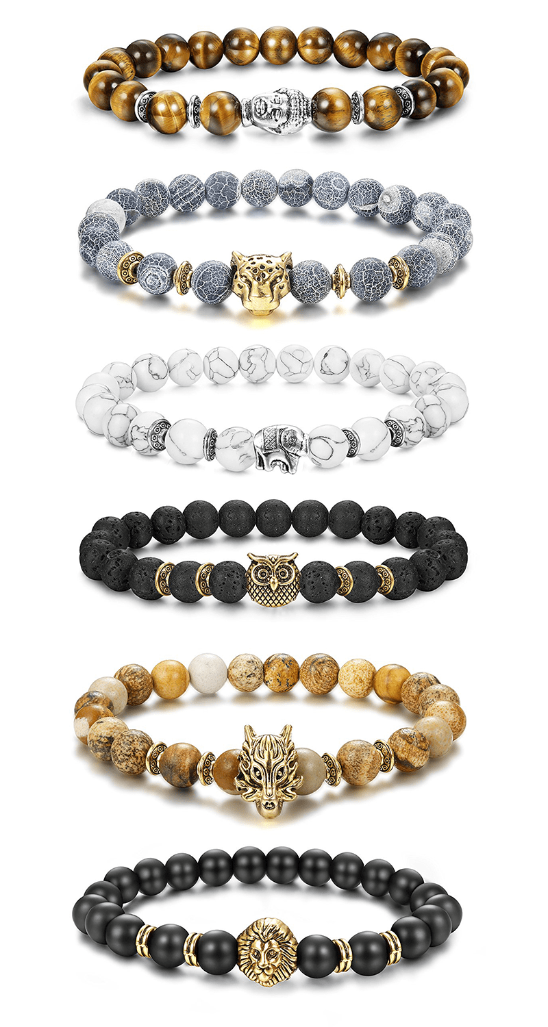 6PCS Mens Bead Bracelets Set Dragon/Lion/Panther Charm Natural Stone Bracelet, 8MM