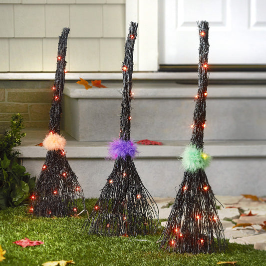 Lighted Halloween Witches Brooms Garden Stakes - Set of 3