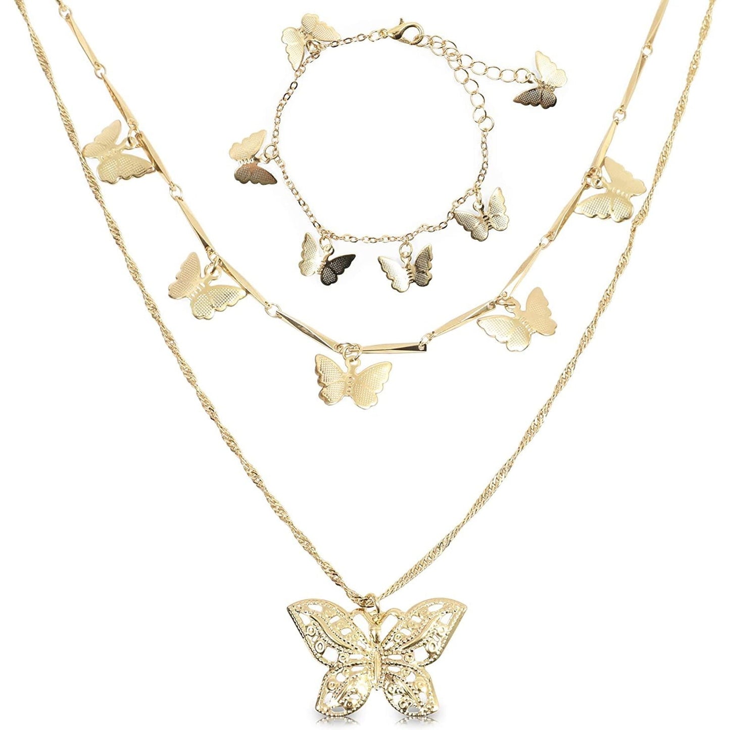 Gold Butterfly Pendant Necklace & Bracelet for Women