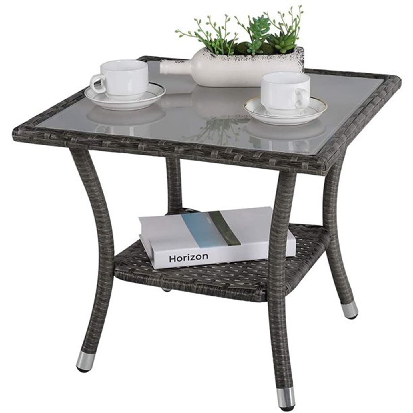 Square Glass Top Outdoor End Table Rattan