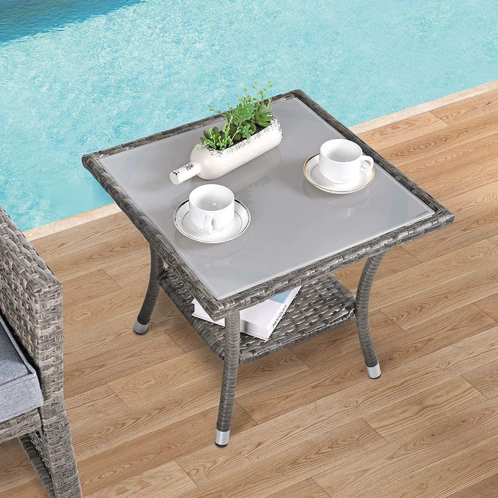 Square Glass Top Outdoor End Table Rattan