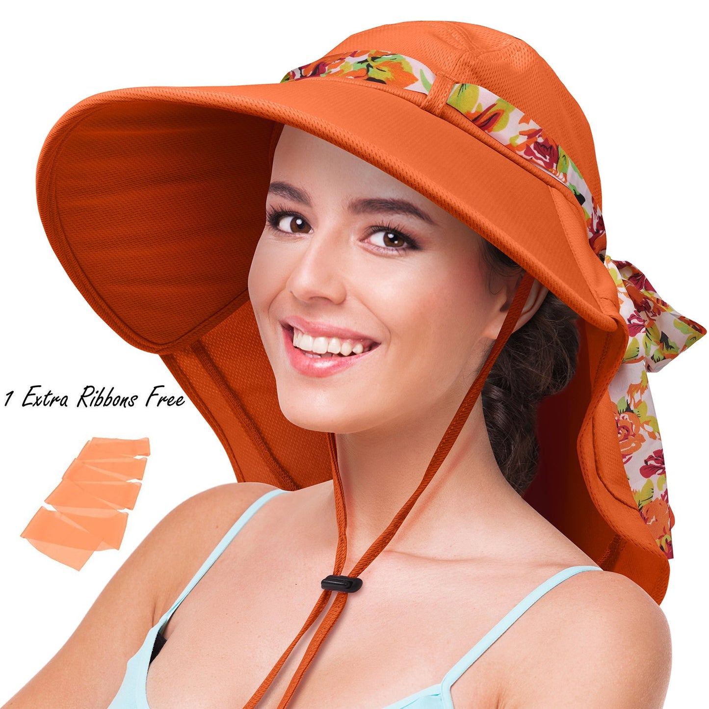 Neck Flap Wide Brim  Sun Hat for Women w/ 2 Replaceable Ribbon