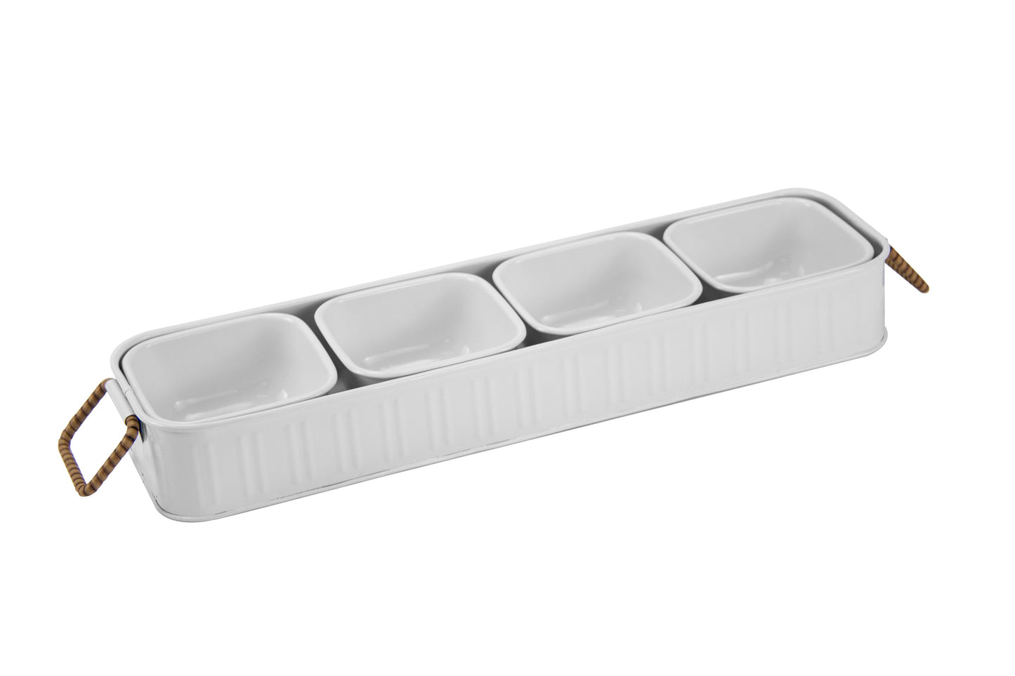 17.44" White Galvanized Condiment Rectangle Serving Tray Set, Divider