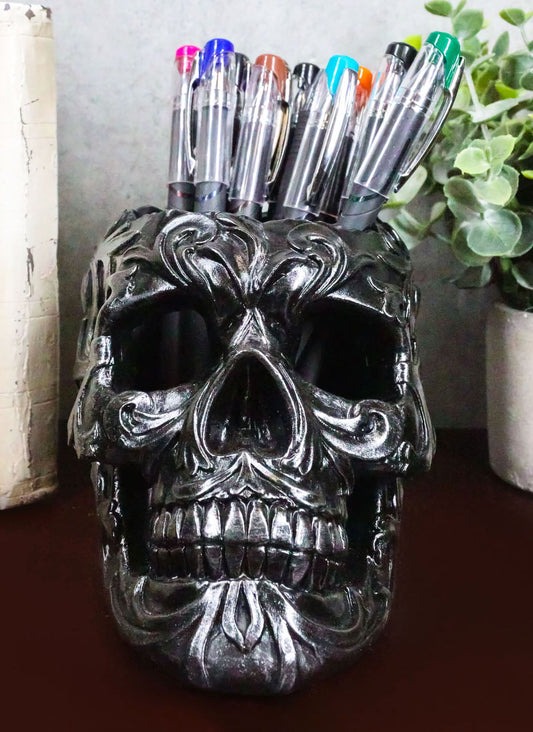 Tribal Tattoo Floral Skull Pen Holder Figurine 5.75"L