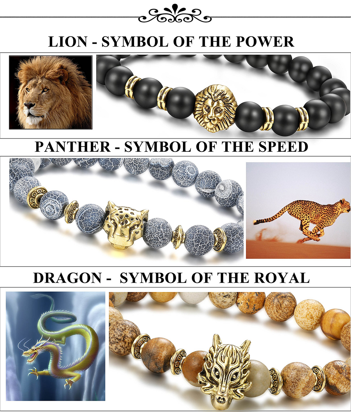 6PCS Mens Bead Bracelets Set Dragon/Lion/Panther Charm Natural Stone Bracelet, 8MM