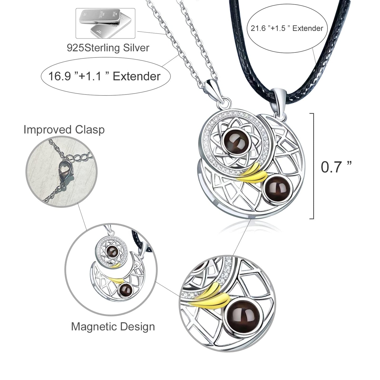 Magnetic Couple I Love You in 100 Languages Projection Romantic Sun and Moon Necklace For Couples