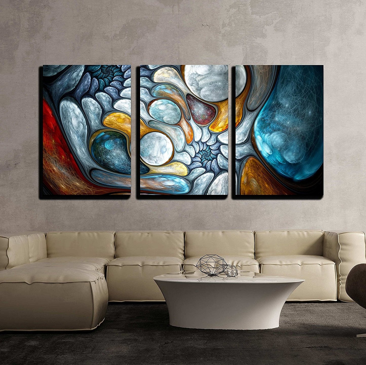 3 Piece Canvas Wall Art - Colorful Glowing Bubbles Fractal Stretched & Framed