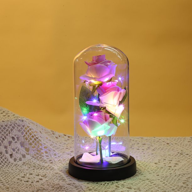 Gifts Artificial Rose Flowers Gift in Glass Dome with LED - Pink Rose