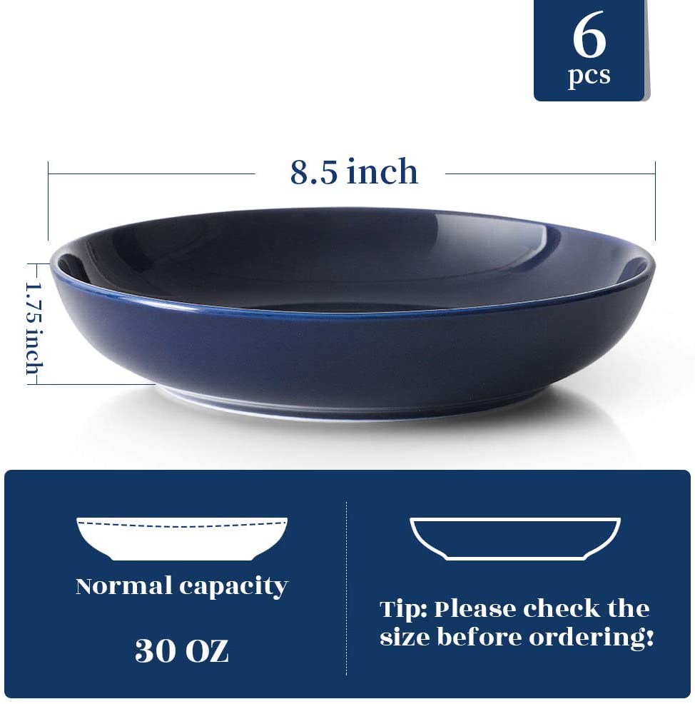 30 Ounces Large Porcelain Pasta, Salad, Soup Bowls, 6 Sets Blue