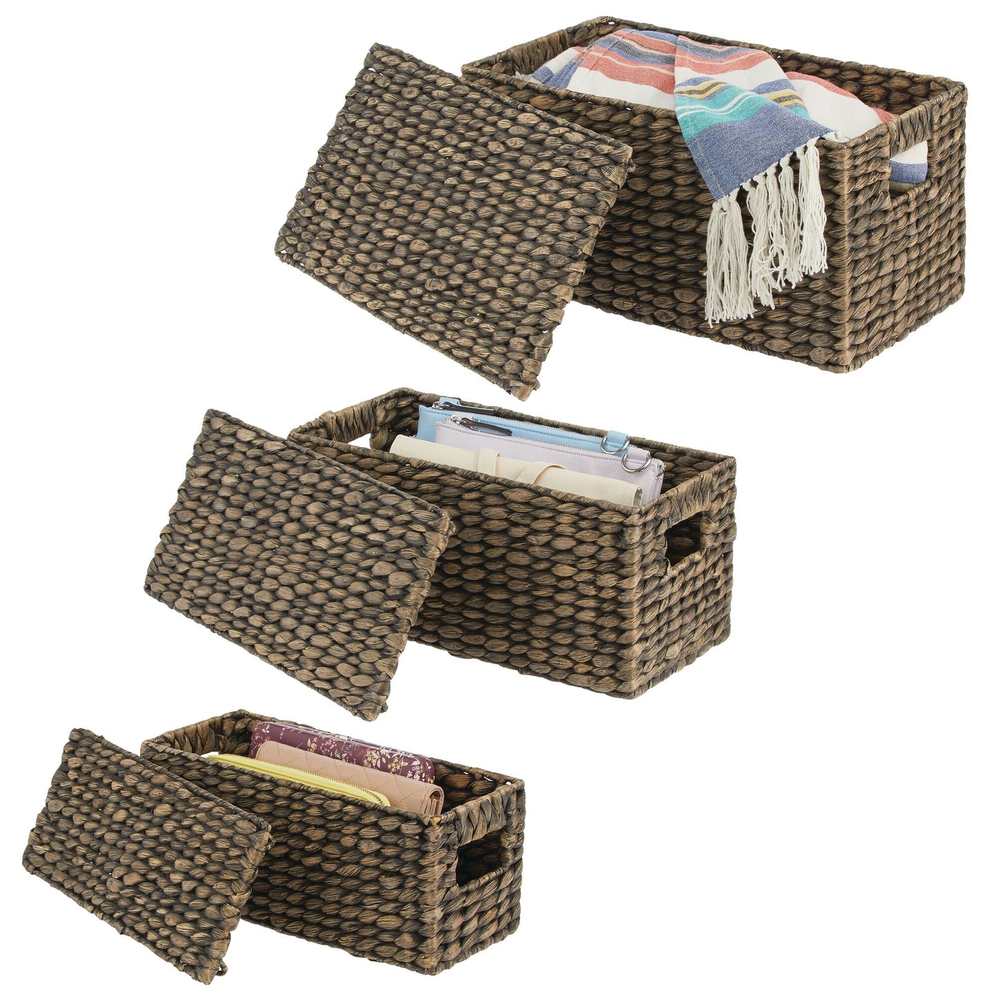 3 Natural Woven Water Hyacinth Organizer Basket Bin w/ Removable Lids