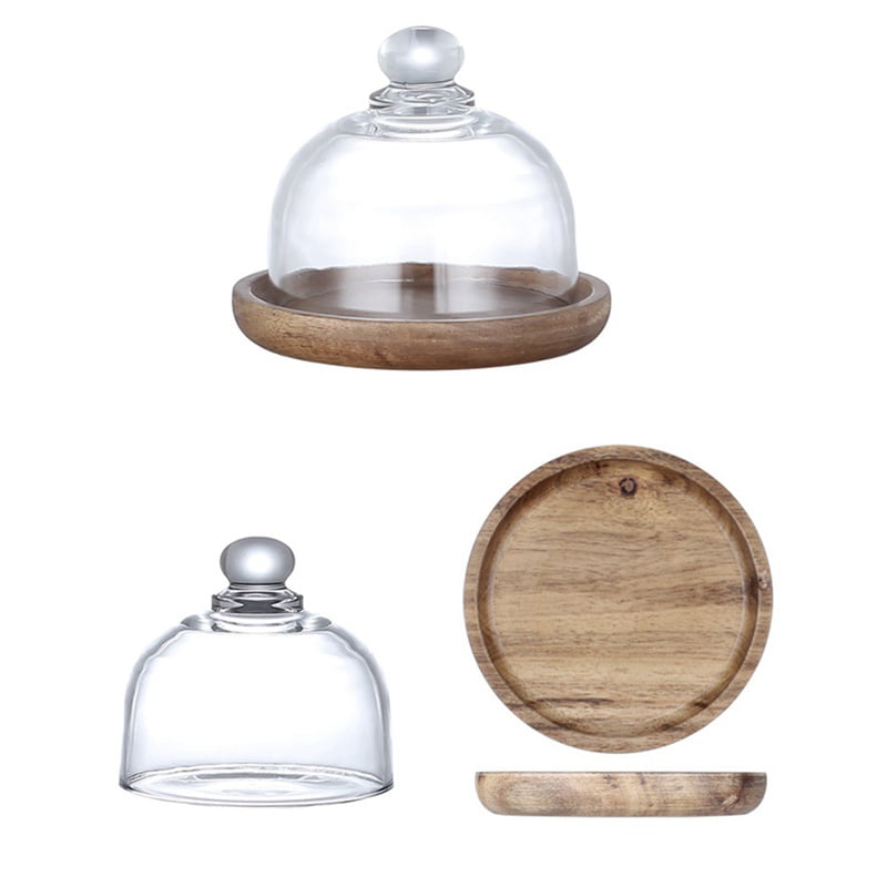 Clear Glass Dessert & Cheese Cloche Dome w/ Acacia Wood Serving Tray