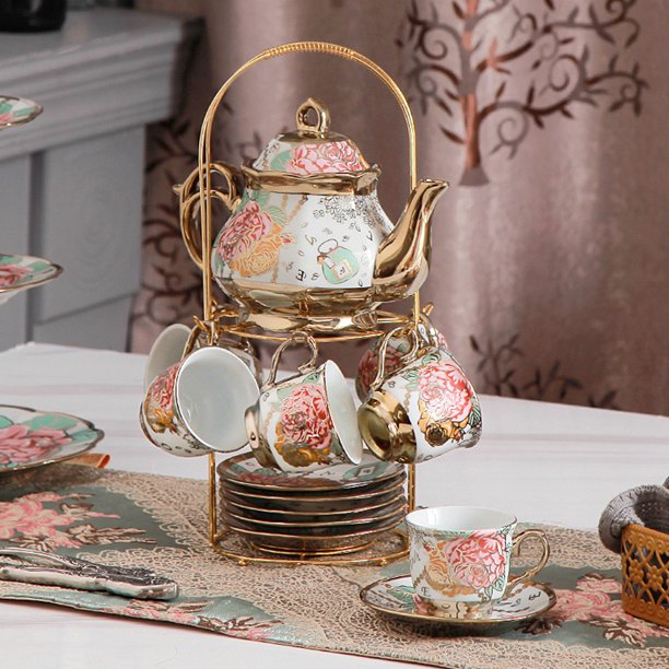 13 Pcs Cup Set,Ceramics Vintage Coffee Set - 6 Tea Cups 6 Saucers 1 Teapot &1 Golden Metal Stand