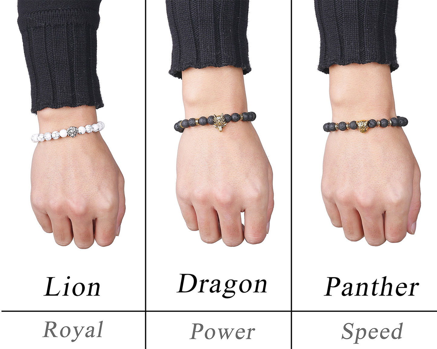 6PCS Mens Bead Bracelets Set Dragon/Lion/Panther Charm Natural Stone Bracelet, 8MM