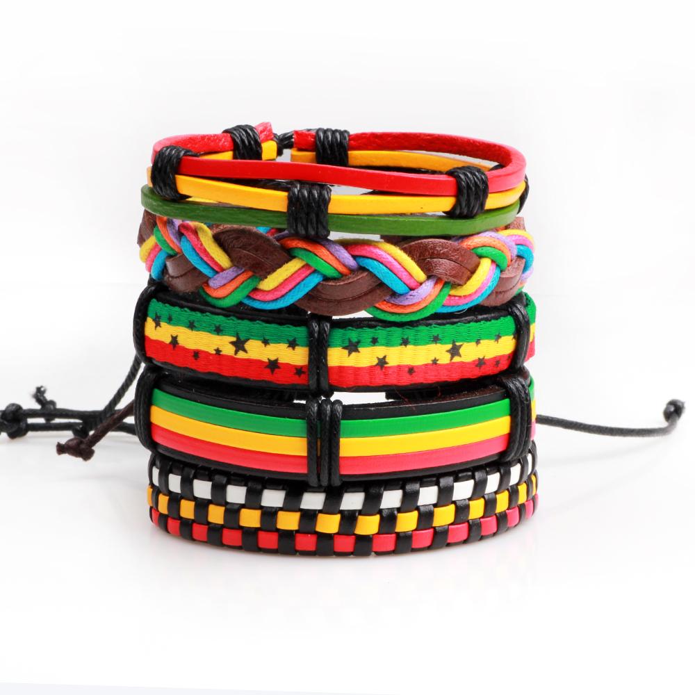 Jamaican Reggae Hippie Leather Unisex Wrap Bracelet 5 pcs Set