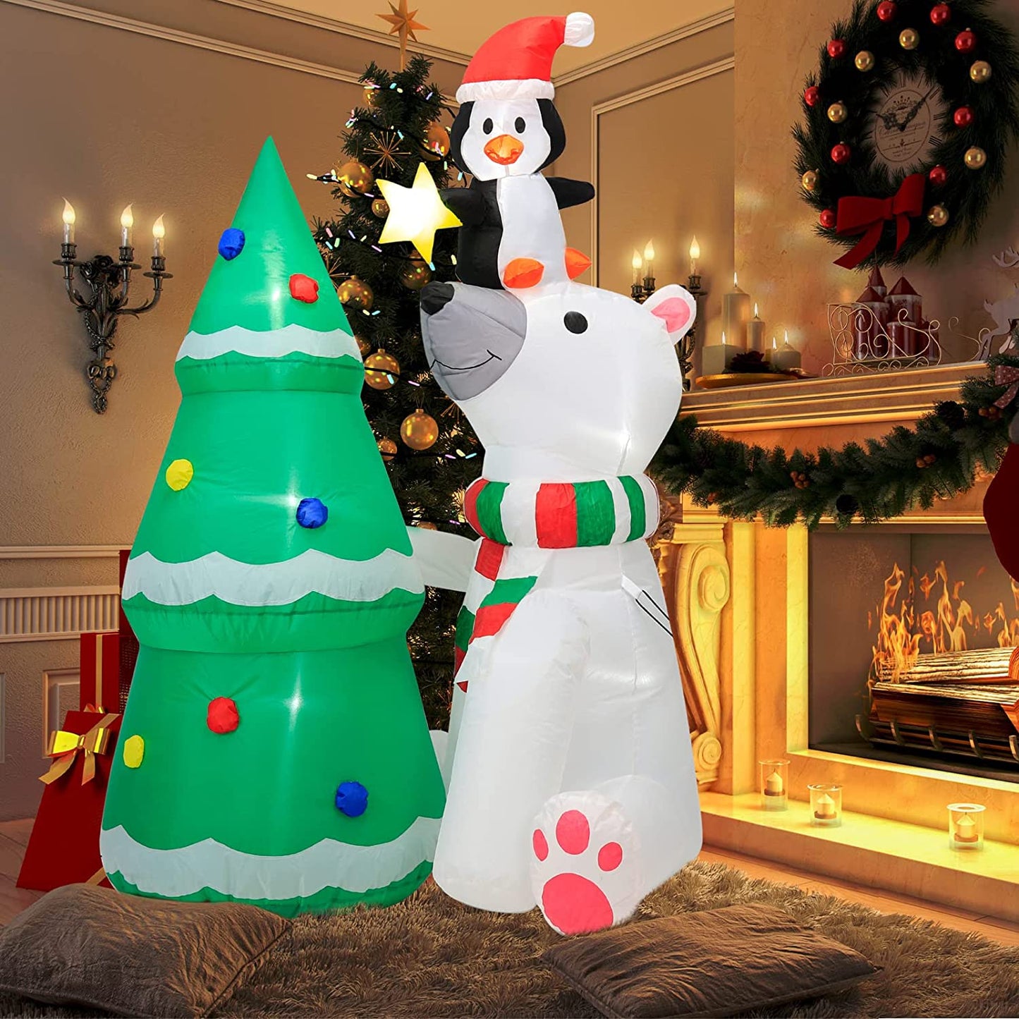 6FT Christmas Inflatable Polar Bear Christmas Tree & Penguin w/ LEDs