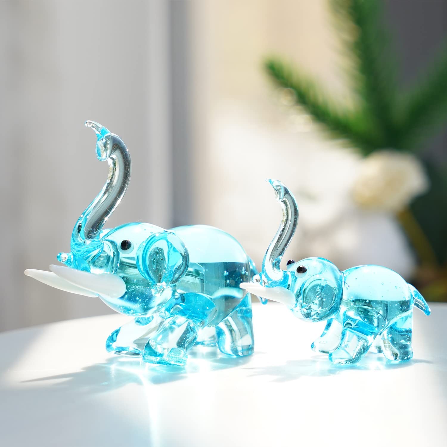 2pcs Hand Blown Glass Elephant Figurines for Home Decoration- Blue