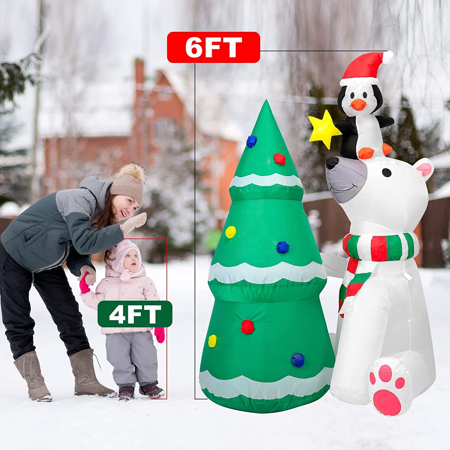 6FT Christmas Inflatable Polar Bear Christmas Tree & Penguin w/ LEDs