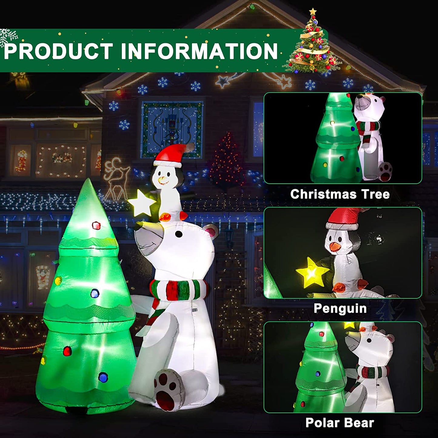 6FT Christmas Inflatable Polar Bear Christmas Tree & Penguin w/ LEDs