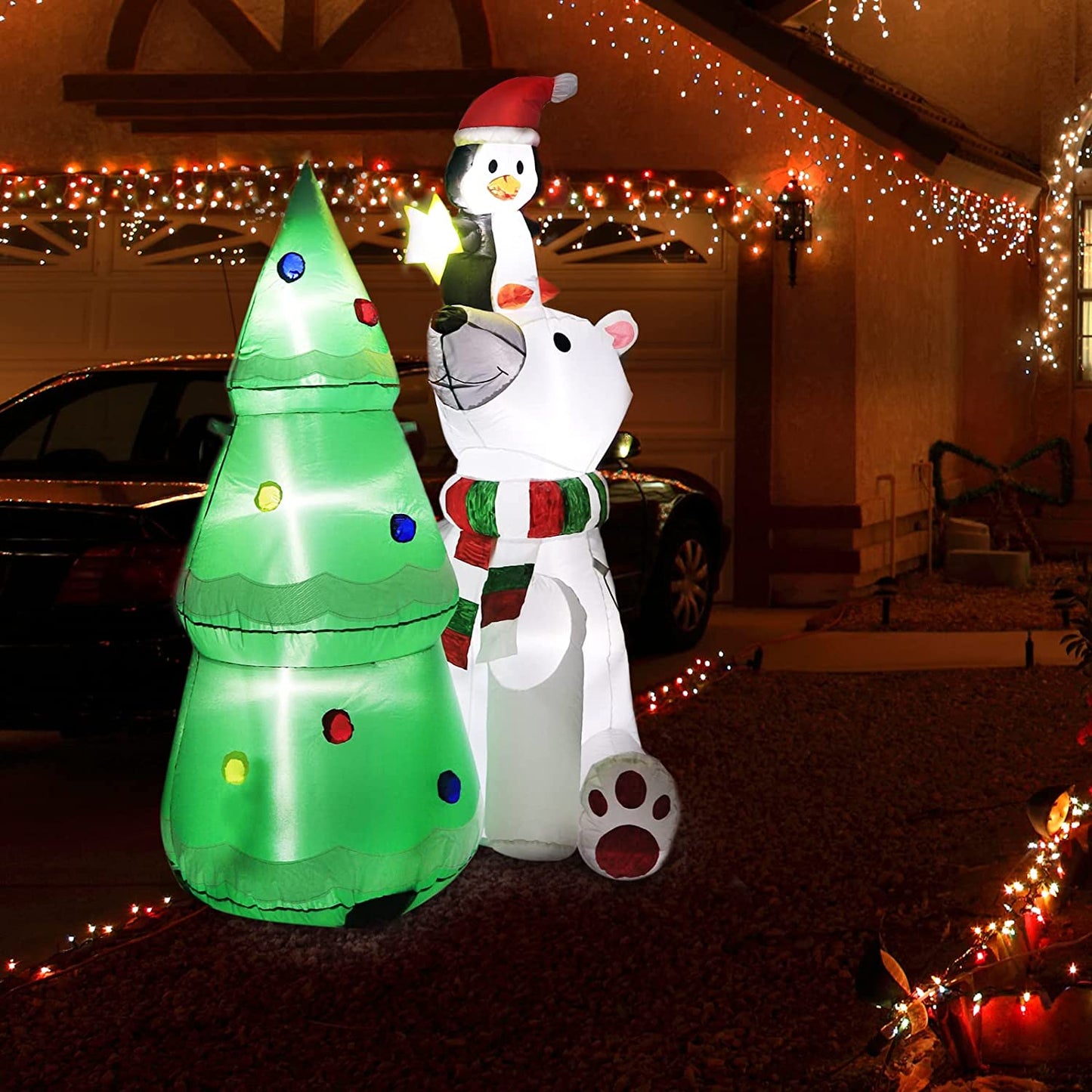 6FT Christmas Inflatable Polar Bear Christmas Tree & Penguin w/ LEDs