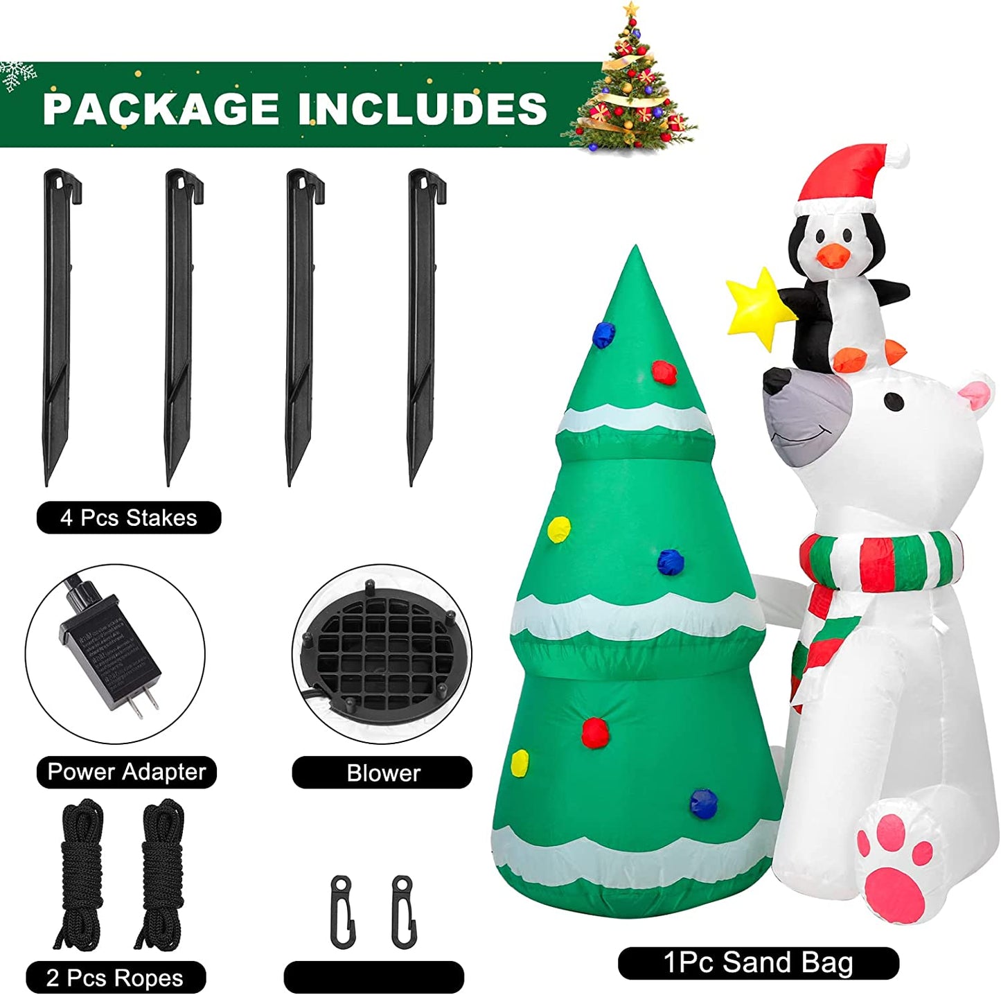 6FT Christmas Inflatable Polar Bear Christmas Tree & Penguin w/ LEDs