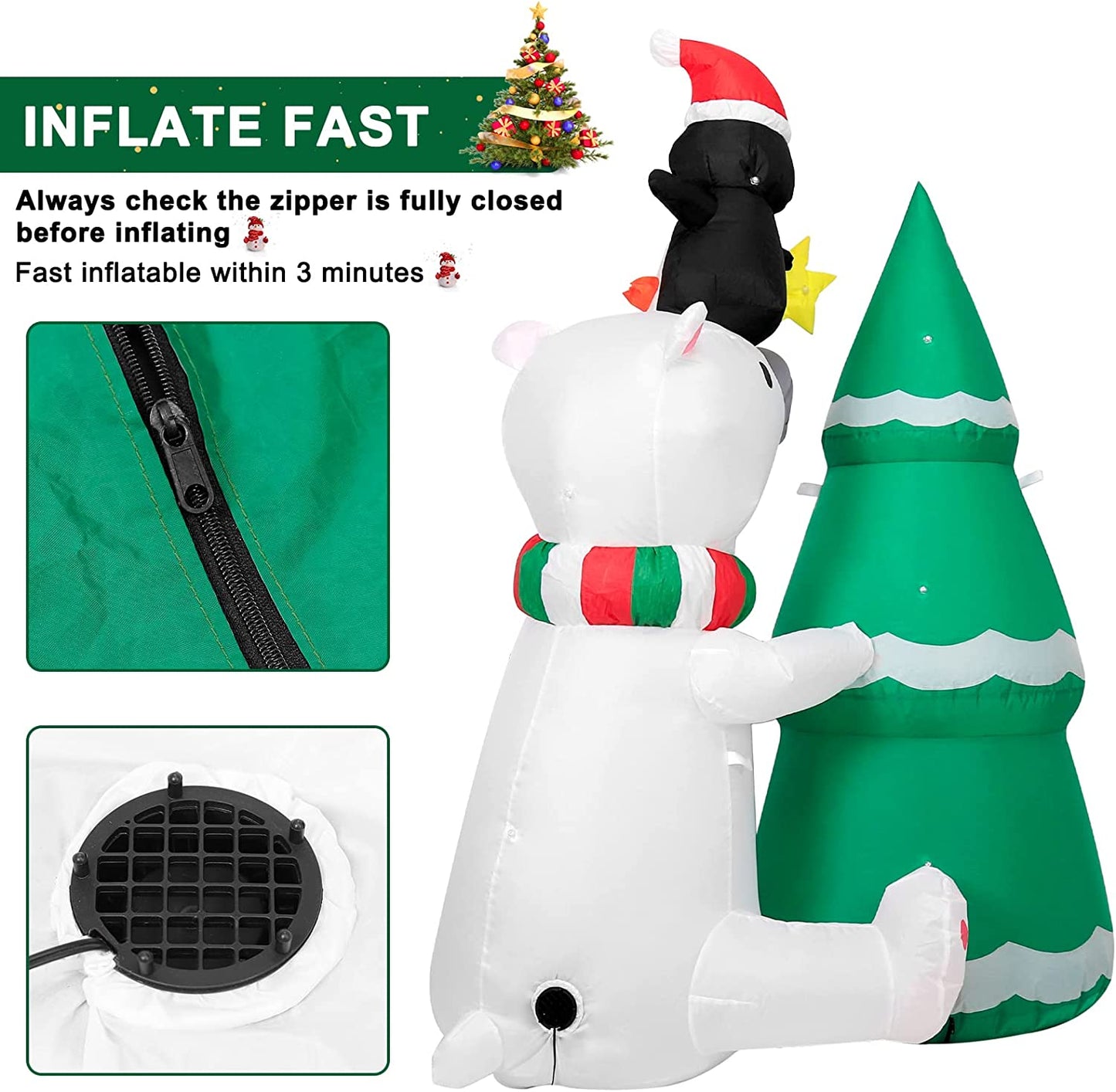 6FT Christmas Inflatable Polar Bear Christmas Tree & Penguin w/ LEDs