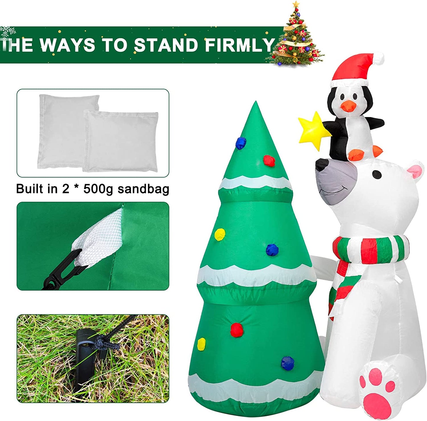 6FT Christmas Inflatable Polar Bear Christmas Tree & Penguin w/ LEDs