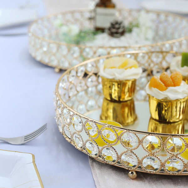 Set of 2 Gold Metal Crystal Beaded Decorative Serving Trays