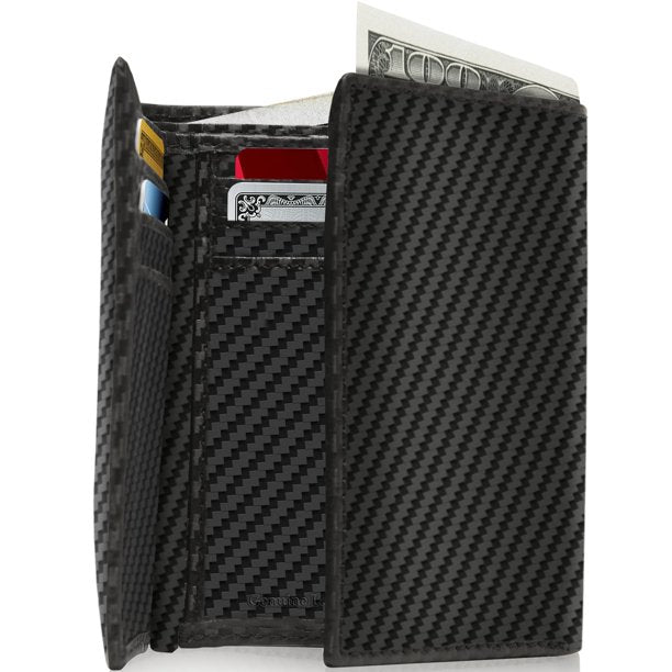 Genuine Leather Black Carbon fiber Trifold Wallet With ID Window Gifts For Men RFID Blocking