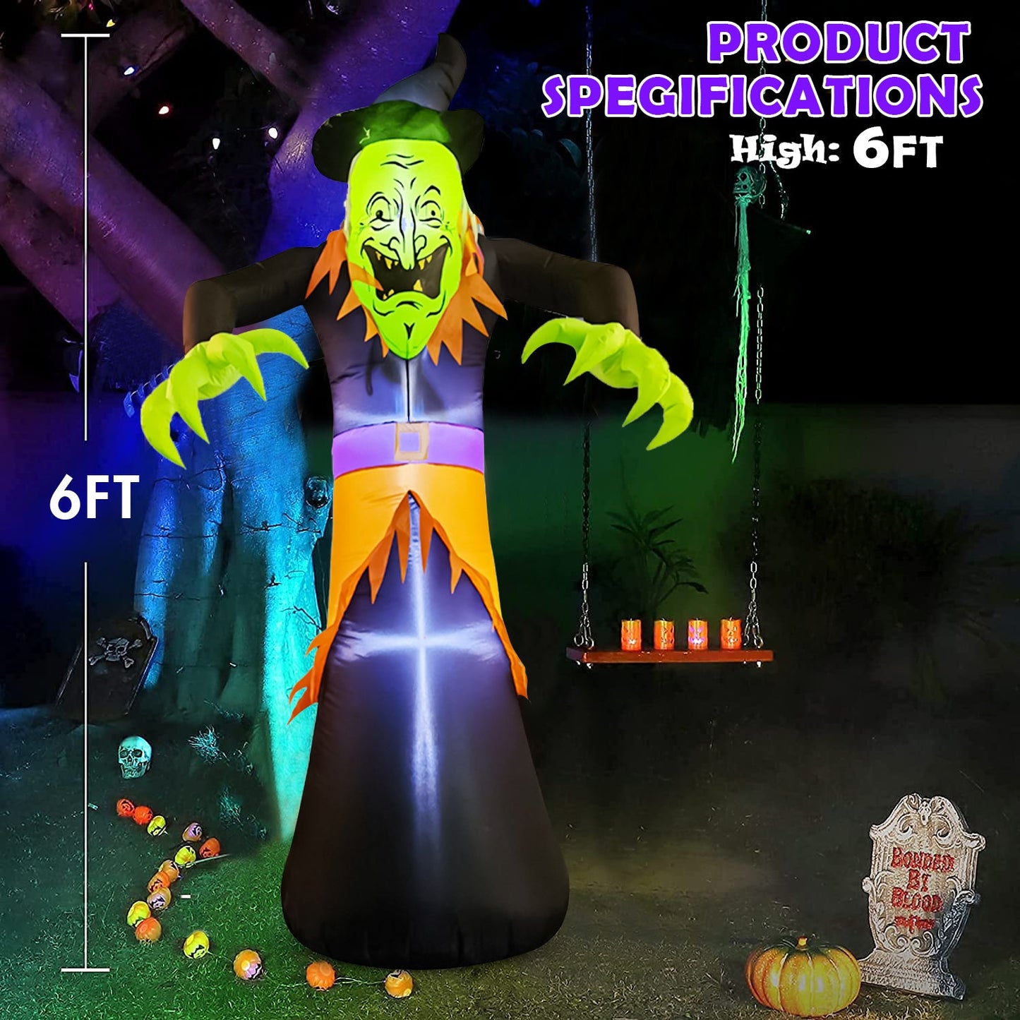 6 FT Halloween Inflatables Witch w/ LED