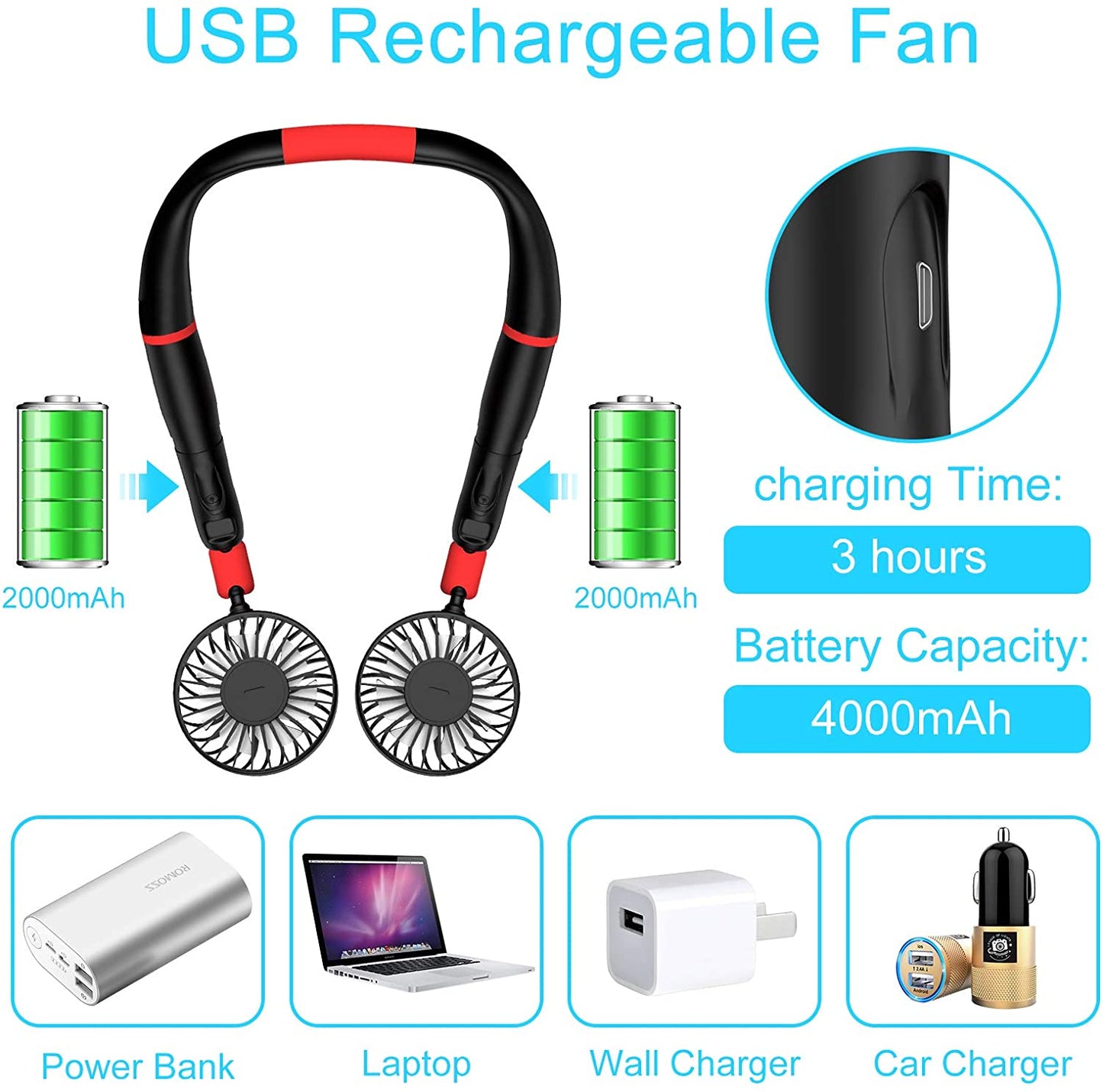 Upgraded Portable Fan, Hand Free w/ Removable Neck Hanging Design