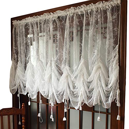 Lace Balloon Curtain White Adjustable Tie-Up Curtain Shade, Embroidered Semi Sheer 1 Panel