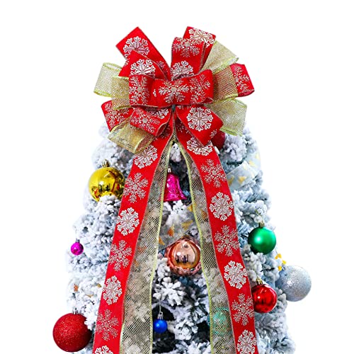 Christmas Tree Topper Bow Ornament with Glitter Satin Mesh Streamer 48x13Inches