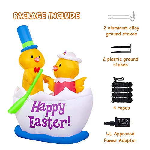 5.5 FT Inflatables Chickens Riding Boat Built-in Flashing LED Light, Easter Inflatables Decorations