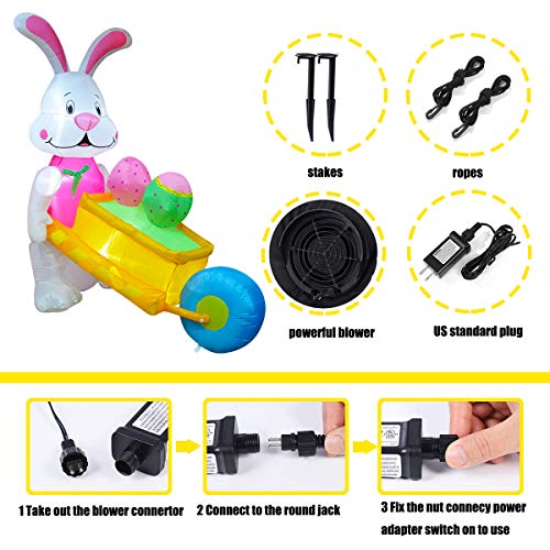 6 FT LED Easter Inflatable Decoration Bunny Rabbit Pushing Wheelbarrow w/ Eggs