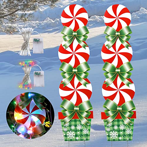 2 Packs Christmas Yard Signs, Peppermint Christmas Decorations w/ Candy, Bows, Stakes, Lights