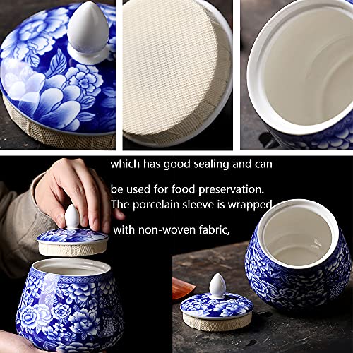 Ancient Chinese Blue & White Porcelain Ceramic Storage Jar w/ Sealed Lids