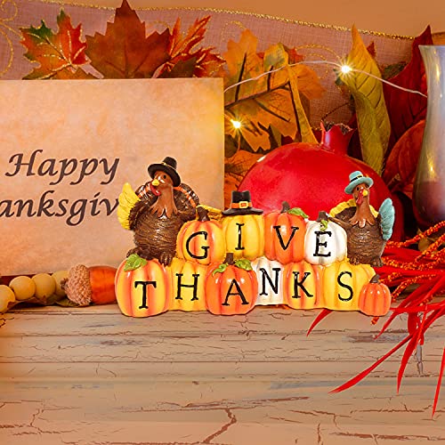 Thanksgiving Hand-Painted Give Thanks Pumpkin & Turkey, Resin Figurine Turkey Harvest Decorations