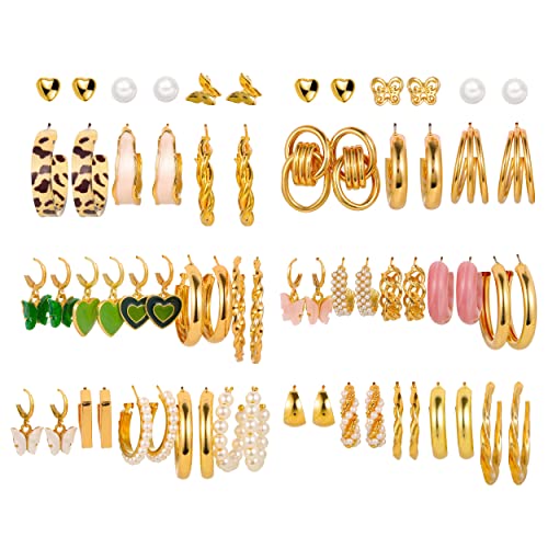 36 Pairs Boho Gold Pearl Link Hoop Stud Drop Dangle Earrings Set