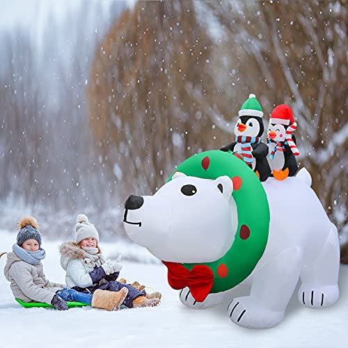 8FT Christmas Inflatable Polar Bear w/ Penguin & LEDs